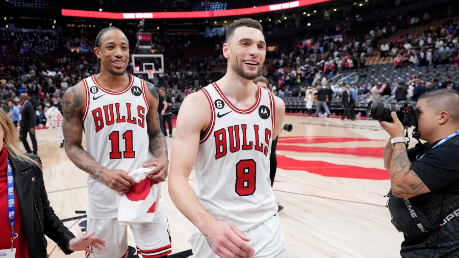 DeMar DeRozan and Zach Lavine after wining the 9-10 seed game against Chicago (Photo Courtesy of NBC Chicago)