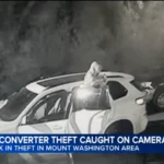 Surveillance video shows suspects stealing a catalytic converter from a Prius on a Los Angeles street