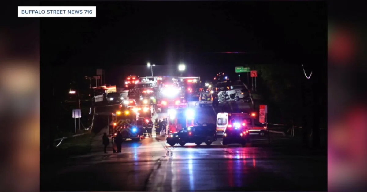 Police and emergency crews respond to a fiery crash on Harlem Road in West Seneca
